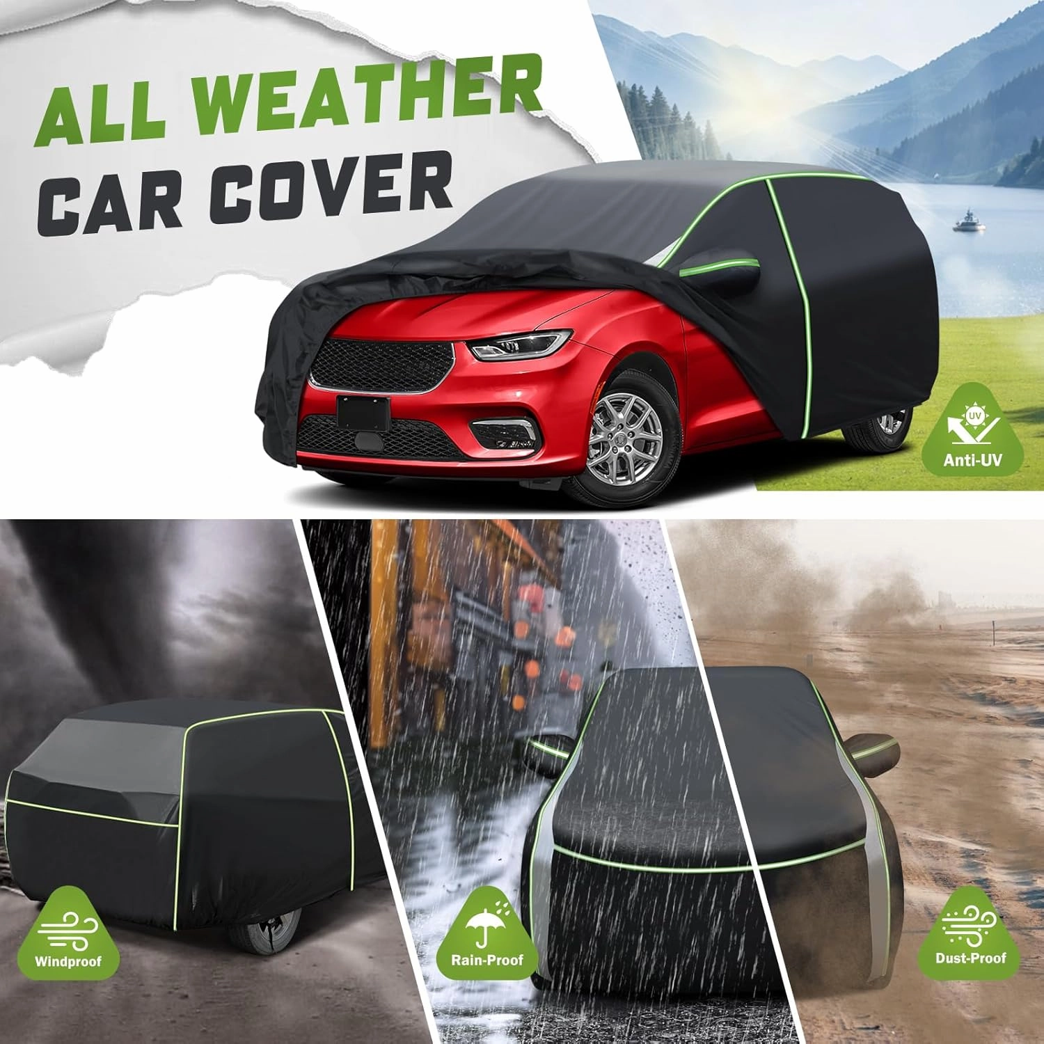 Mixsuper Liner Car Cover for Chrysler Pacifica 1999-2025, Waterproof Car Cover Accessories for Pacifica with Zipper Door, Windproof Straps, Reflective Strips, Anti-UV, All Weather