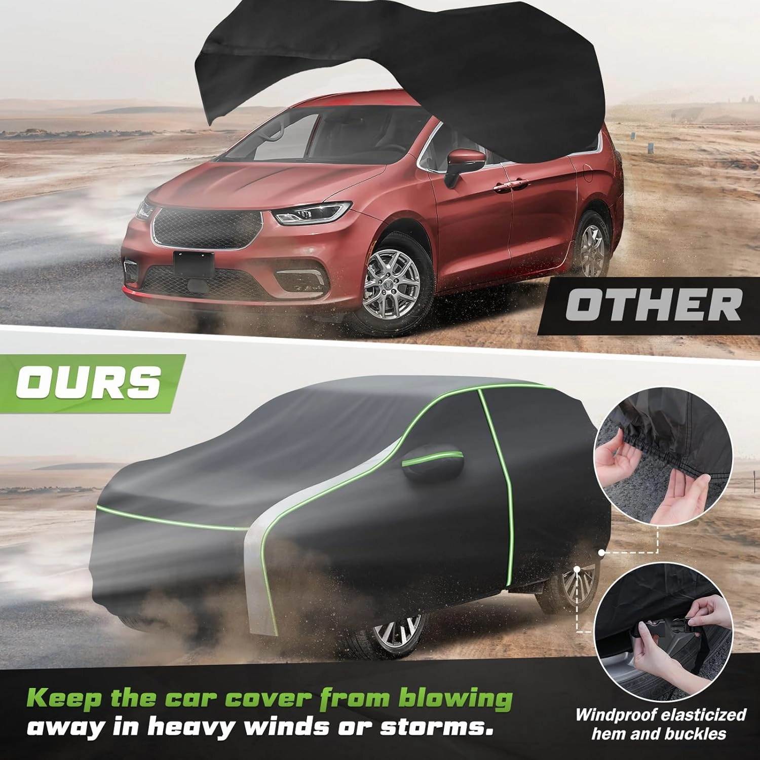 Mixsuper Liner Car Cover for Chrysler Pacifica 1999-2025, Waterproof Car Cover Accessories for Pacifica with Zipper Door, Windproof Straps, Reflective Strips, Anti-UV, All Weather