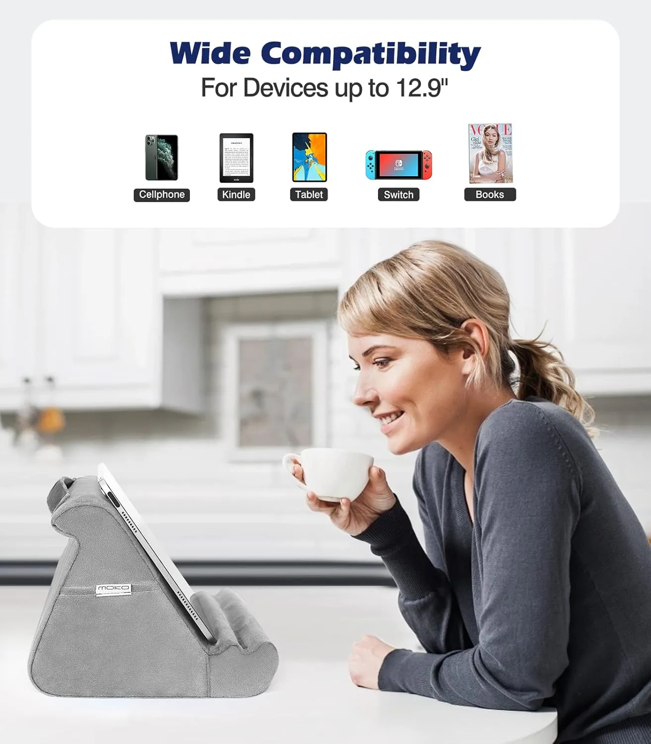 MoKo Tablet Pillow Stand, Soft Tablet Cushion Stand, with Multiple Viewing Angles and Storage Pocket, Fit with iPad 10.2 2021/iPad Air 5/4/3/iPad Pro 11/12.9 2022, iPad 10th,Galaxy Tab, iPhone, Gray