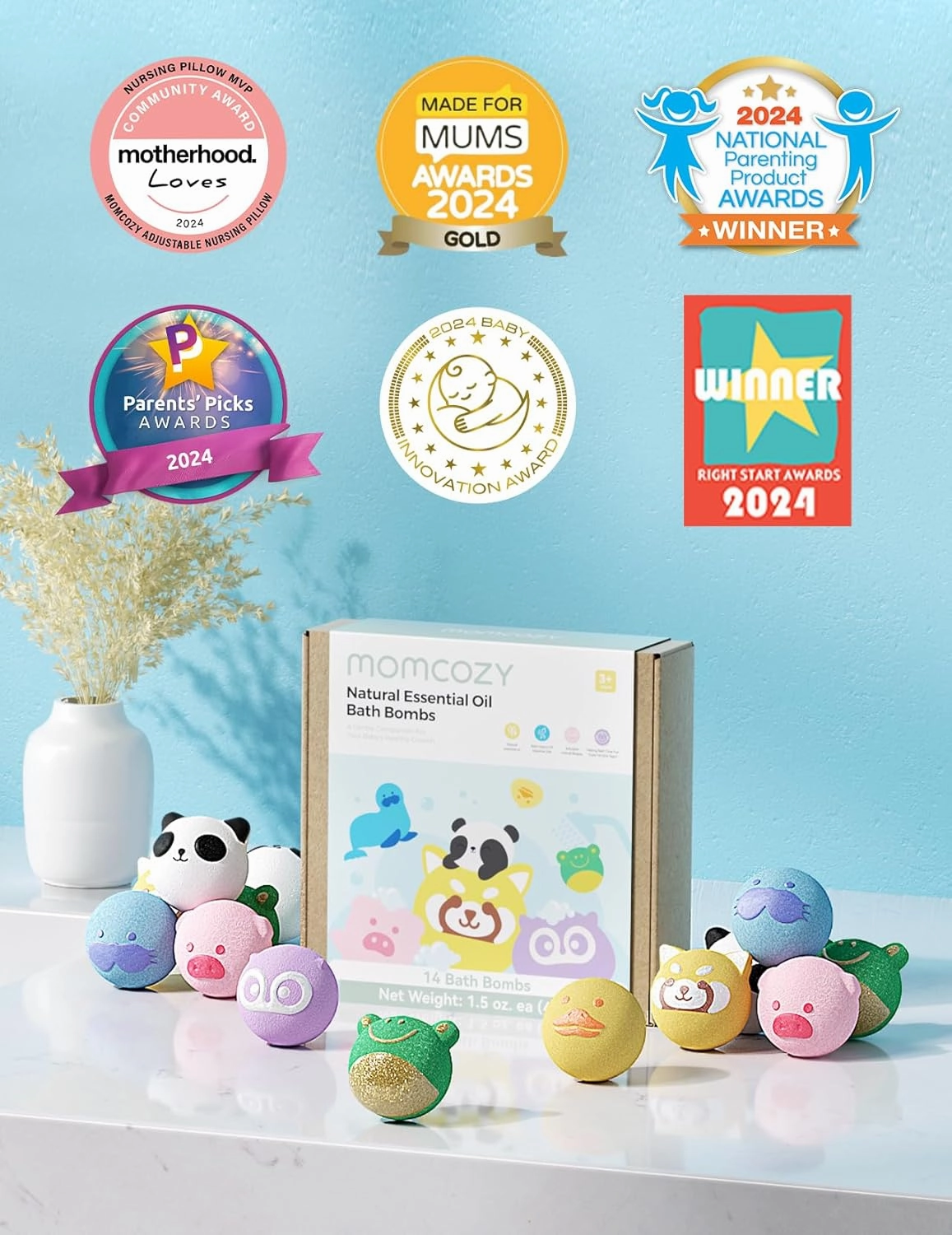 Momcozy Natural&Organic Essential Oil Bath Bombs,14 Pcs Bubble Bath Fizzy Balls with Cute Owl Animal Shapes,Bath Bombs Children's Day Gift Set for Kids Girls Boys Toddler,Ideal Gift