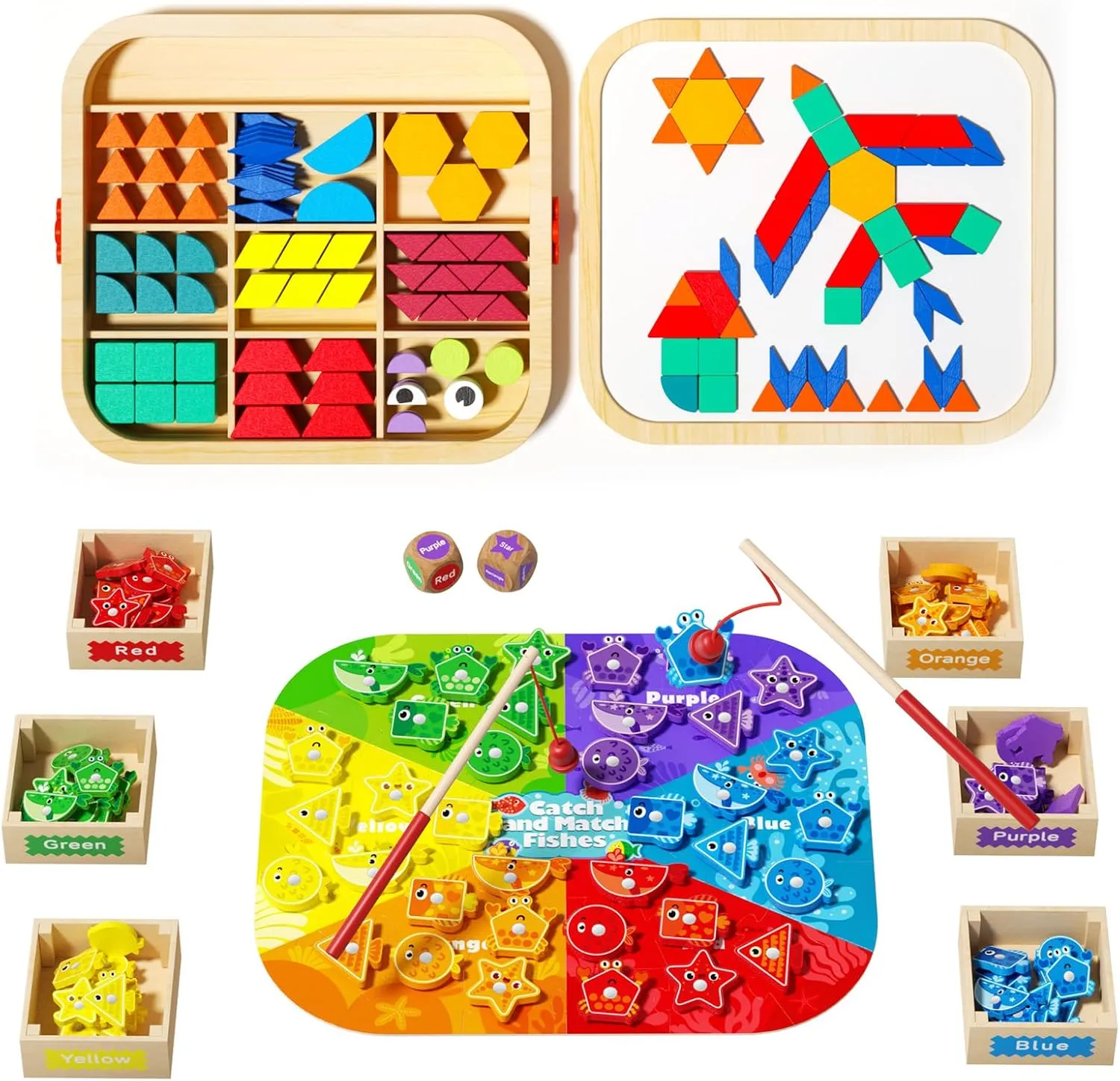 Montessori STEM & Learning Toys Bundle for Toddlers 2-4, Wooden Magnetic Pattern Blocks Set & Magnetic Fishing Game, Color Shape Educational Puzzles for Kids Girls Boys 1-3 3-5
