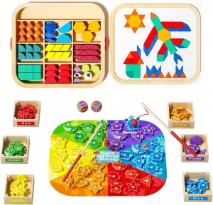 Montessori STEM & Learning Toys Bundle for Toddlers 2-4, Wooden Magnetic Pattern Blocks Set & Magnetic Fishing Game, Color Shape Educational Puzzles for Kids Girls Boys 1-3 3-5