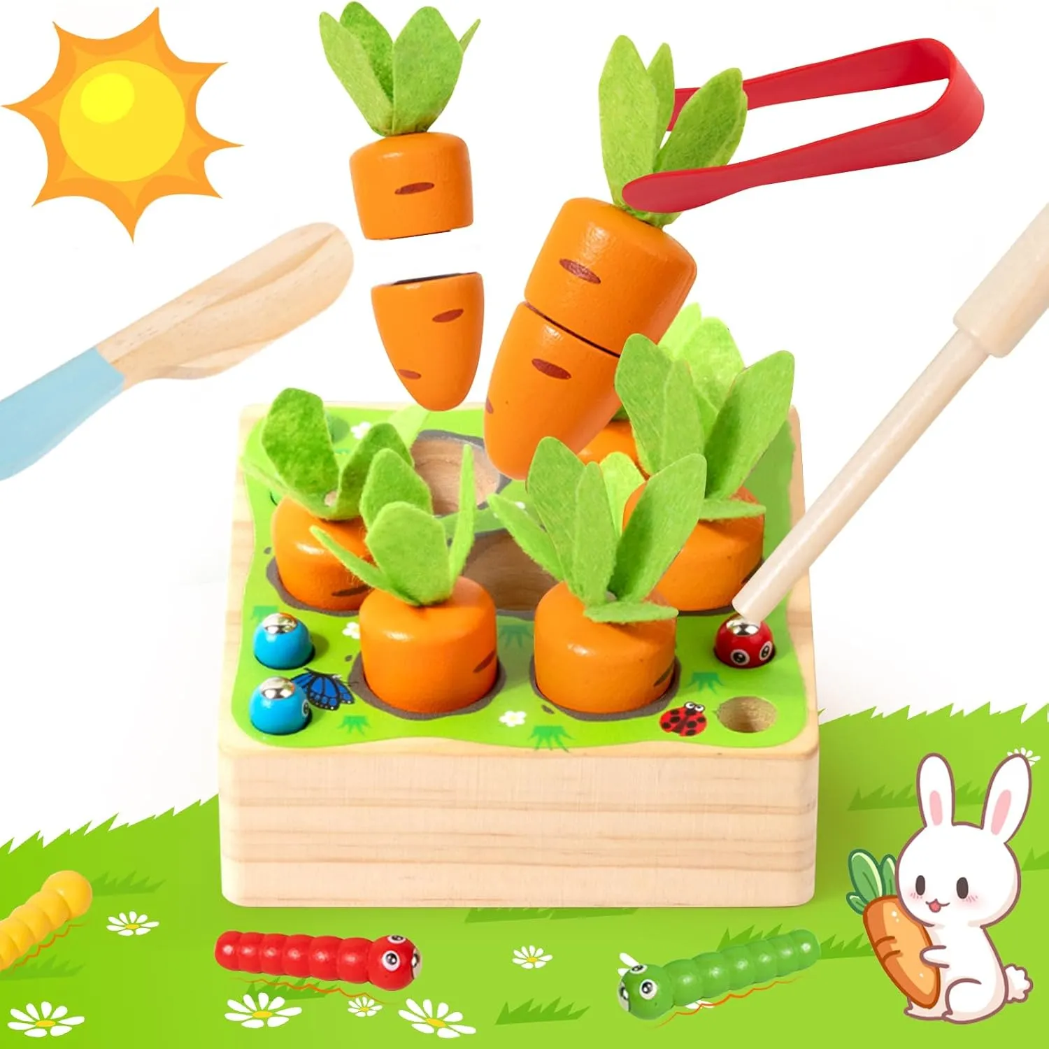 Montessori Toys, Wooden Toys Developmental Shape Sorting & Matching Puzzle Carrots Harvest Game, Birthday Gifts for Toddlers Babies Boys and Girls