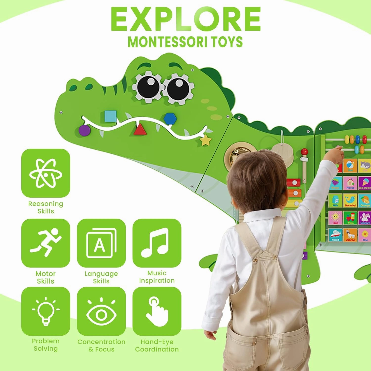 Montessori Sensory Wall Panel for Kids – 60'' Crocodile Busy Board Wall, Activity Wall Panels for Toddlers, Interactive Montessori Busy Board for Sensory Play and Early Learning