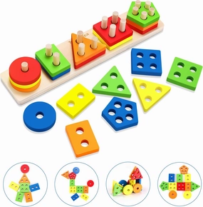 Montessori Sorting and Stacking Toys for Baby，Wooden Toddlers Toys for Kids Preschool，Shape Sorter and Color Stacker，Great Preschool Kids Wood Gifts