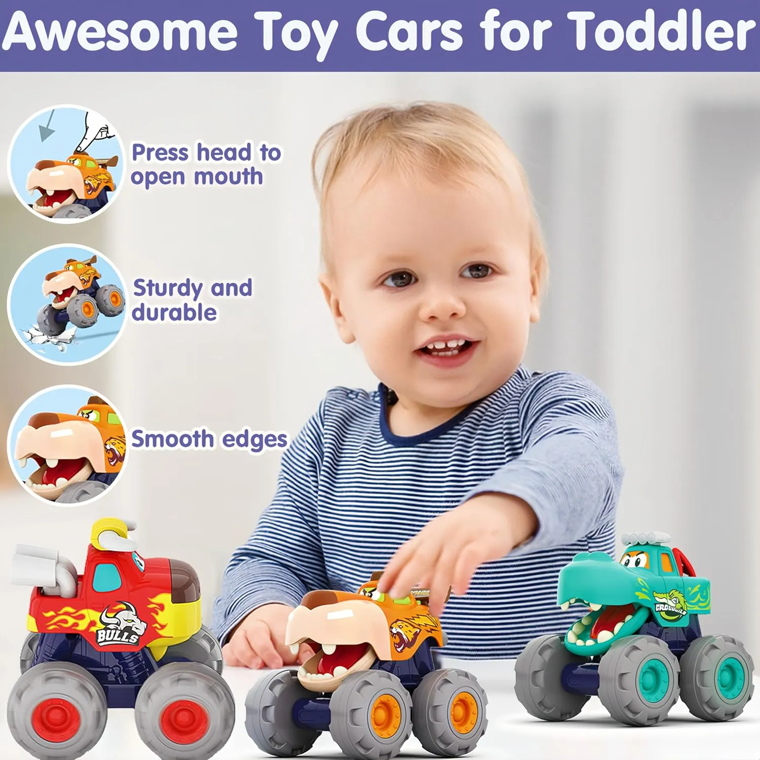 MOONTOY Toy Cars for Toddlers 1-3, 3 Pack Monster Truck Toys for 1 2 3 Year Old Boy Gifts, Baby Animal Play Vehicle Push Pull Back Truck for 12-18 Months 2-4 0-2 1-2 One Year Old Boy 1st Birthday Gift