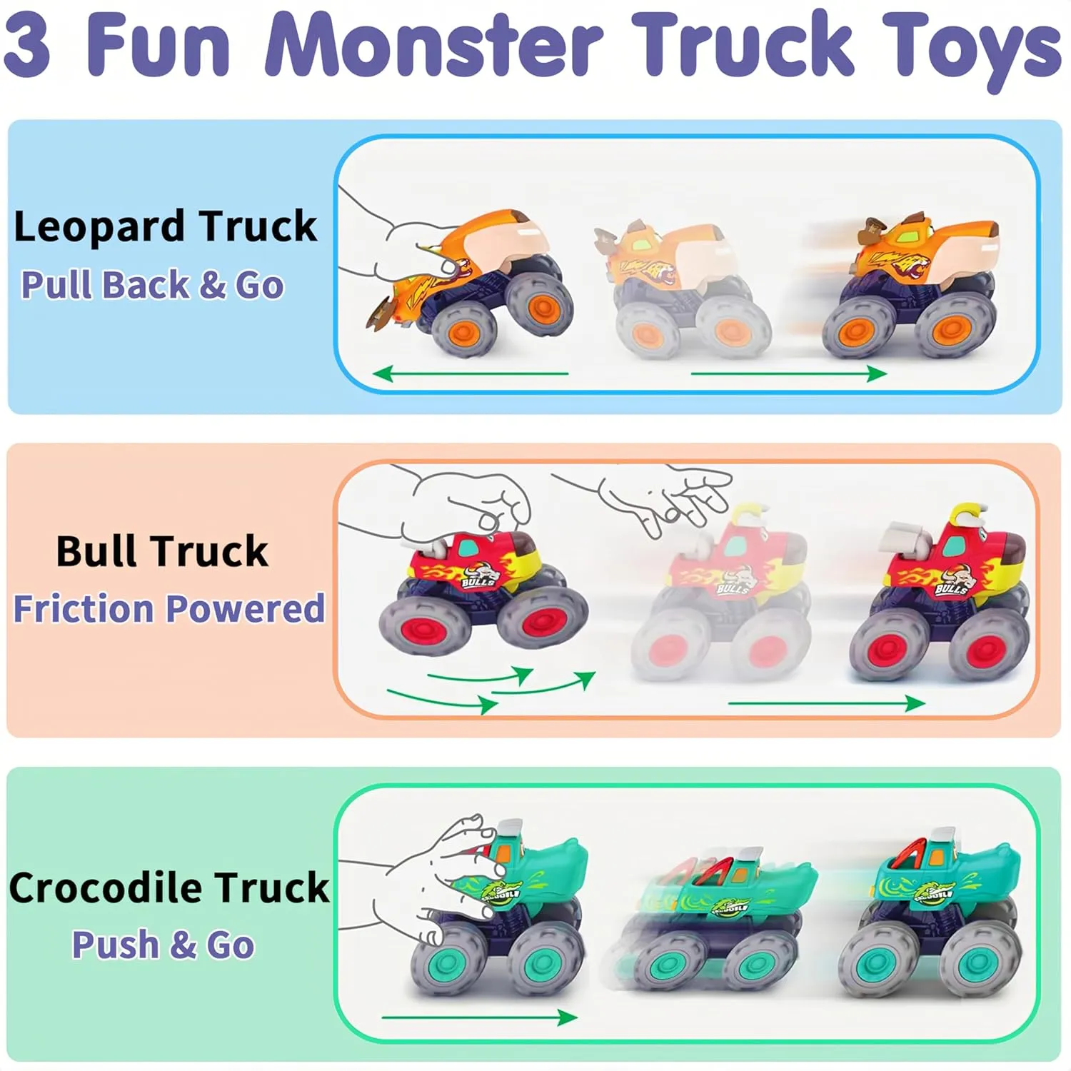 MOONTOY Toy Cars for Toddlers 1-3, 3 Pack Monster Truck Toys for 1 2 3 Year Old Boy Gifts, Baby Animal Play Vehicle Push Pull Back Truck for 12-18 Months 2-4 0-2 1-2 One Year Old Boy 1st Birthday Gift