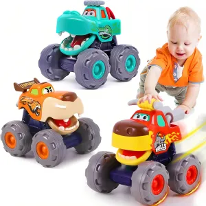 MOONTOY Toy Cars for Toddlers 1-3, 3 Pack Monster Truck Toys for 1 2 3 Year Old Boy Gifts, Baby Animal Play Vehicle Push Pull Back Truck for 12-18 Months 2-4 0-2 1-2 One Year Old Boy 1st Birthday Gift