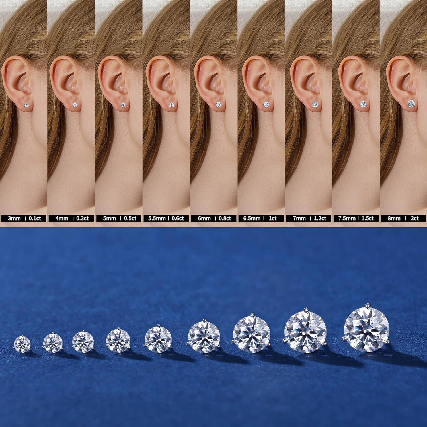 MOOSEA Martini Moissanite Earrings for Women Men, 0.2-4 ct Round D Color VVS1 Clarity Lab Created Earring 925 Sterling Silver Classic 3 Prong Moissanite Earrings Screw Back for Women Men