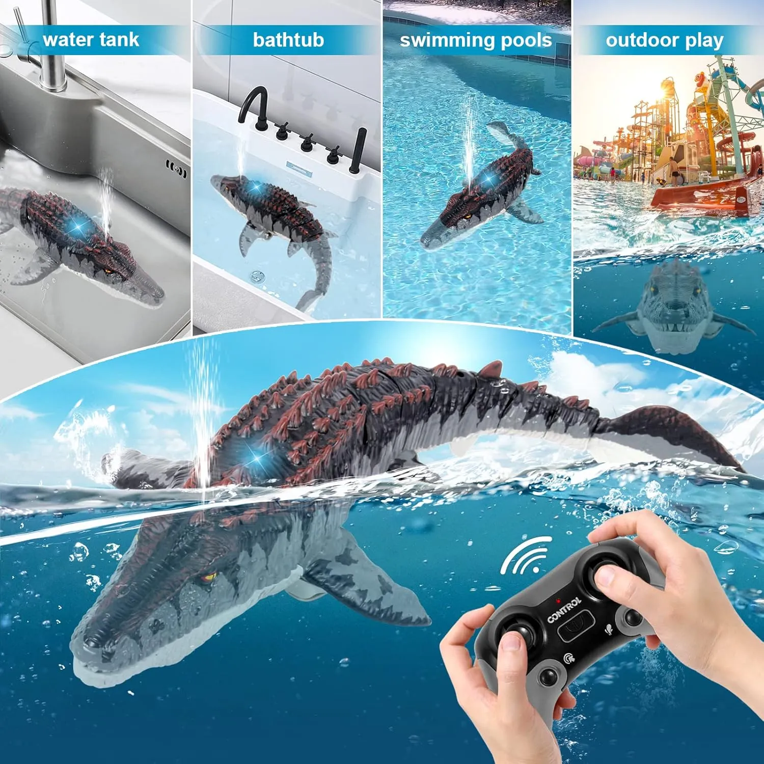 Mosasaurus Dinosaur Toys, Upgrade Remote Control Water Toy, Pool Toys for Kids Ages 4-8, RC Dino with Light and Spray Water for Swimming Bath Lake Ocean Christmas Birthday Gift