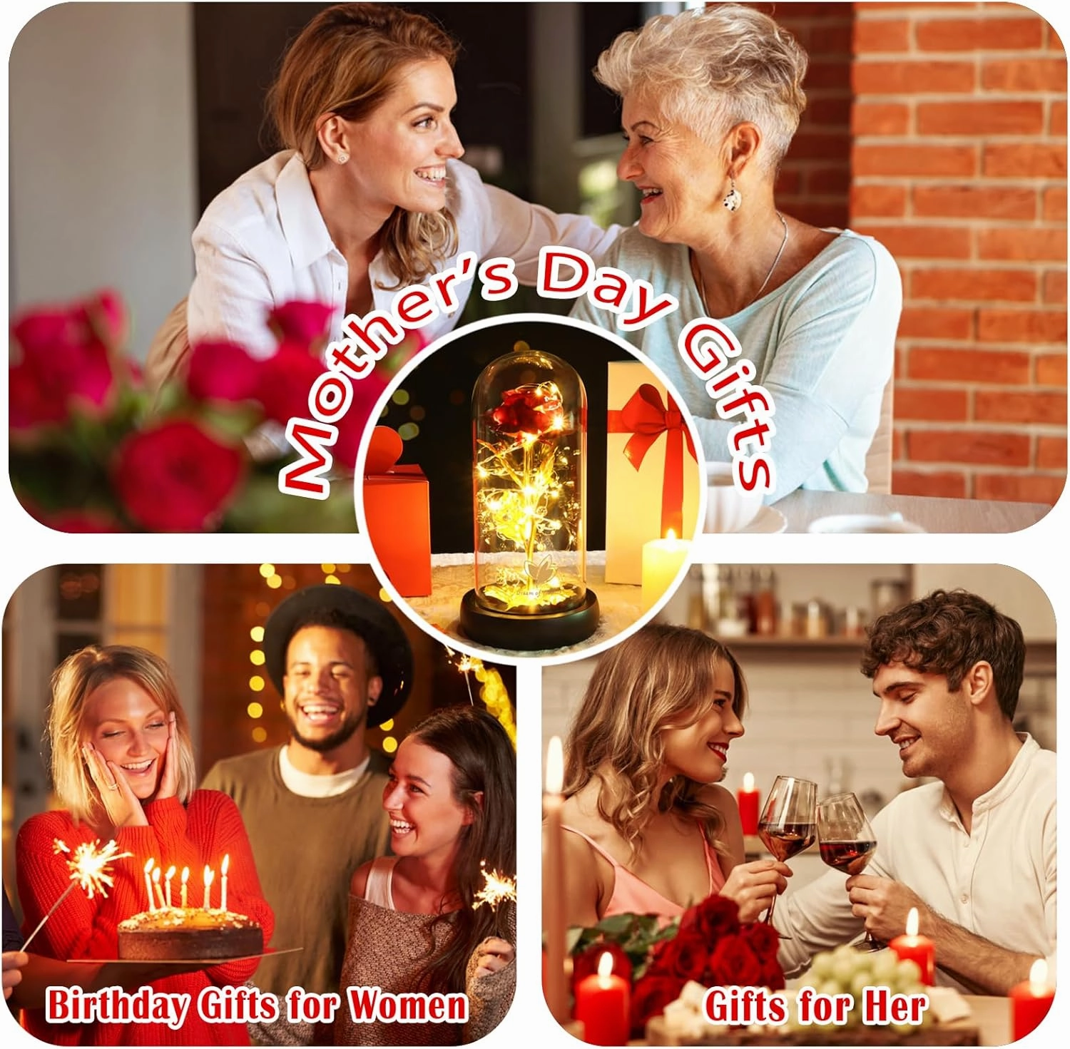 Mothers Day Birthday Gifts for Mom,Mothers Day Flower Galaxy Artificial Flower with 2 Lights Mode Rose in Glass Dome Colorful Gold Foil Rose,Wedding Valentines Birthday Gifts for Women