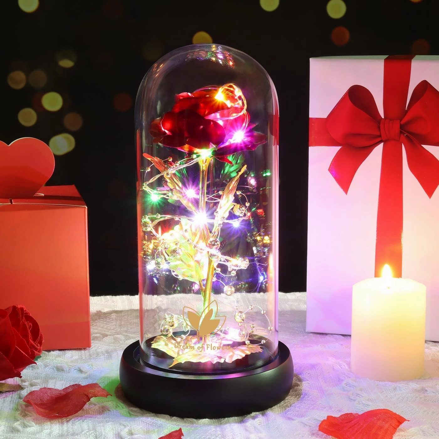 Mothers Day Birthday Gifts for Mom,Mothers Day Flower Galaxy Artificial Flower with 2 Lights Mode Rose in Glass Dome Colorful Gold Foil Rose,Wedding Valentines Birthday Gifts for Women