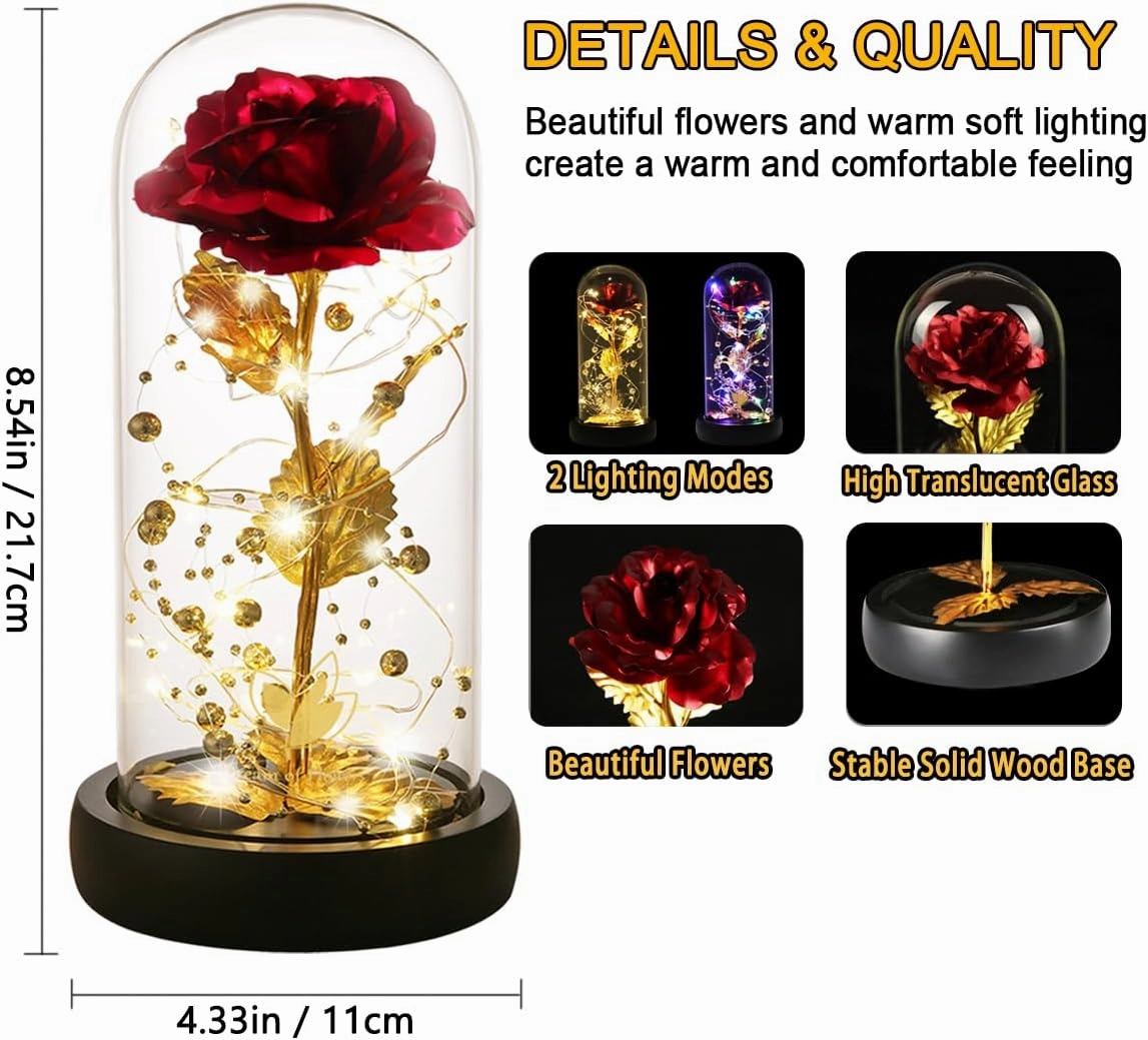 Mothers Day Birthday Gifts for Mom,Mothers Day Flower Galaxy Artificial Flower with 2 Lights Mode Rose in Glass Dome Colorful Gold Foil Rose,Wedding Valentines Birthday Gifts for Women