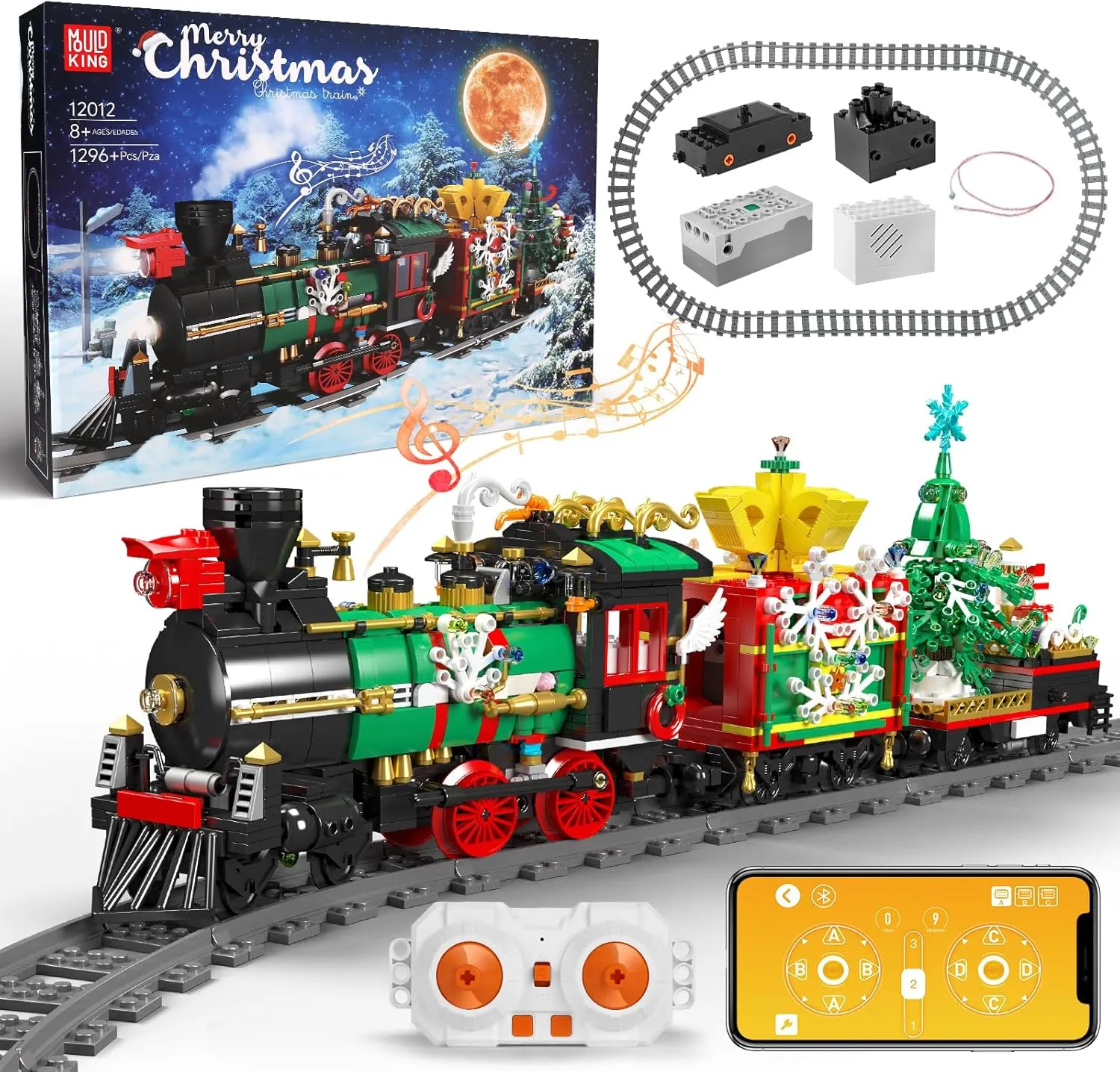 Mould King 12012 Christmas Train Building Block Kits, Electric LED Light,Train Track Vehicle Model Building Sets with Motors,Collectible Christmas Vacation for Kids Age 8 /Adults-1,296 Pieces