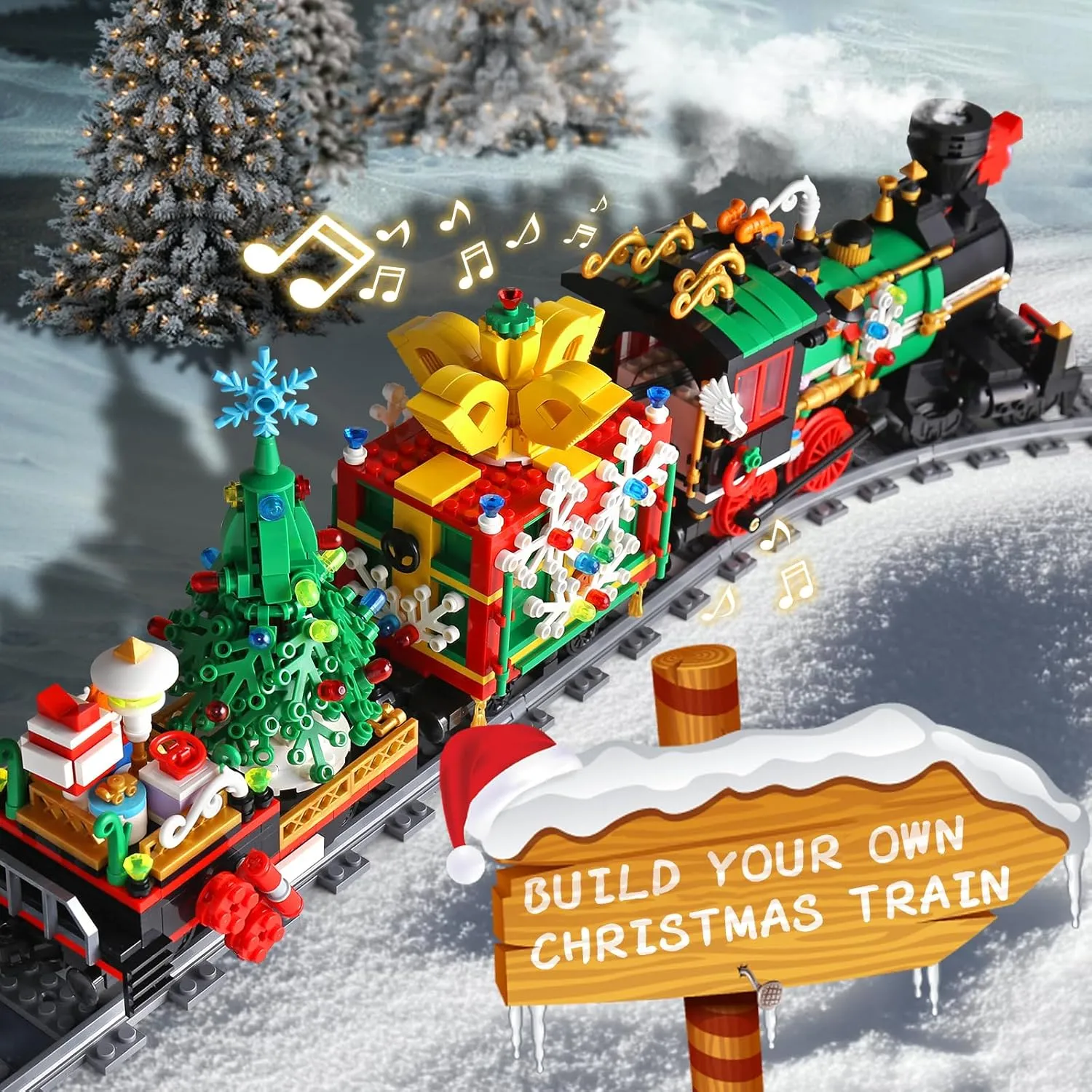 Mould King 12012 Christmas Train Building Block Kits, Electric LED Light,Train Track Vehicle Model Building Sets with Motors,Collectible Christmas Vacation for Kids Age 8 /Adults-1,296 Pieces