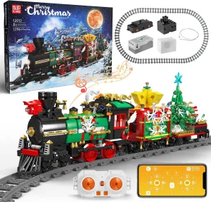 Mould King 12012 Christmas Train Building Block Kits, Electric LED Light,Train Track Vehicle Model Building Sets with Motors,Collectible Christmas Vacation for Kids Age 8 /Adults-1,296 Pieces