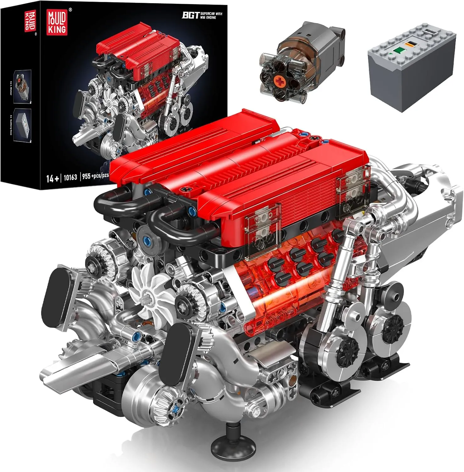 Mould King W16 Engine Building Blocks Set, 10163 Combustion Engine Model That Runs, Mini Engine Build Kit for Adults with Battery and Motor, Engineering Construction STEM Toy for Boys Girl (952 Pcs)