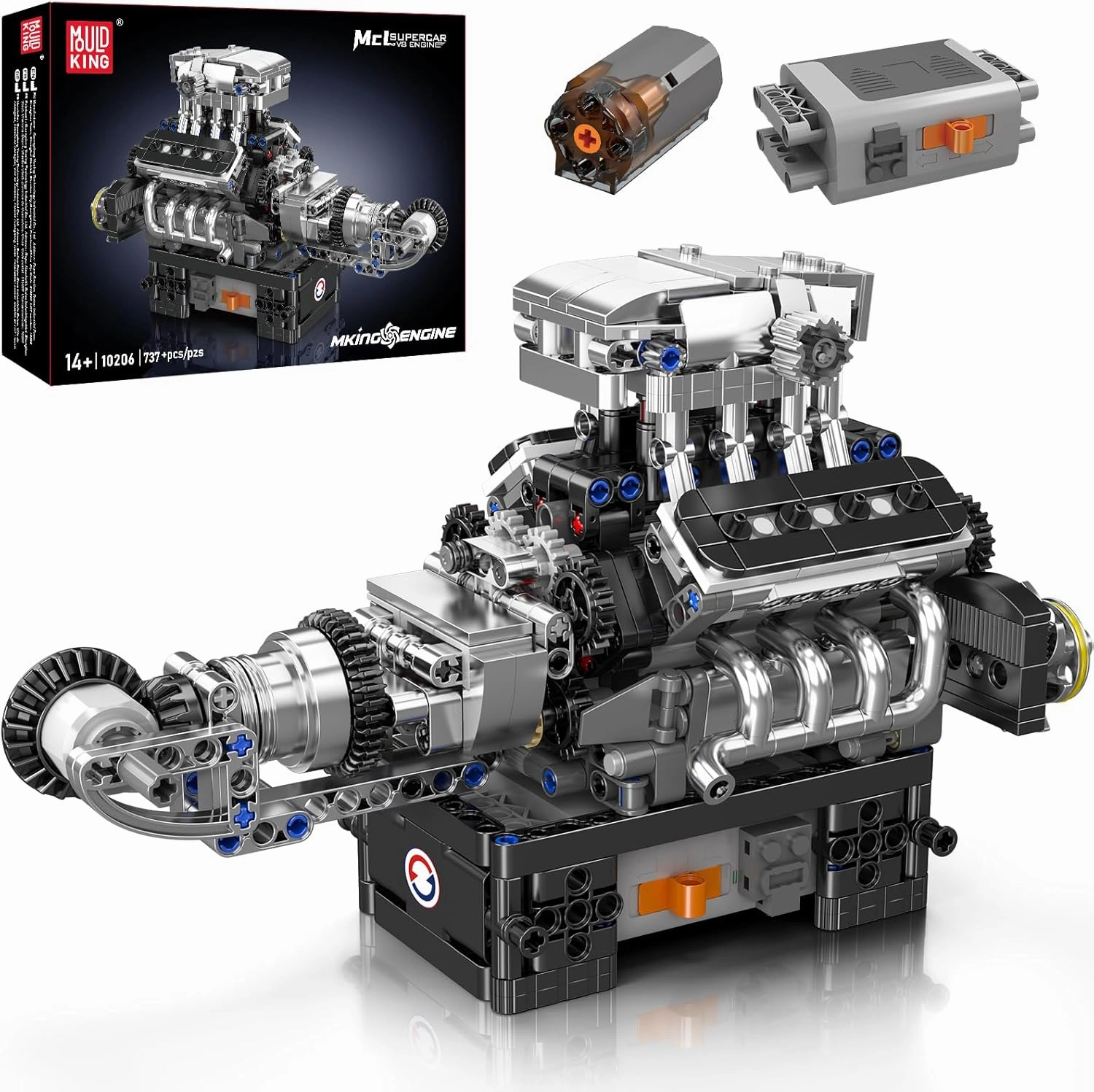 Mould King 10206 V8 Combustion Engine Model Kit That Runs, Build Your Own MOC V8 Engine Model Toy, 8-Cylinder Petrol Car Engine Replica Model Building Kit for Adults/Teens 8  Years (737 PCS)
