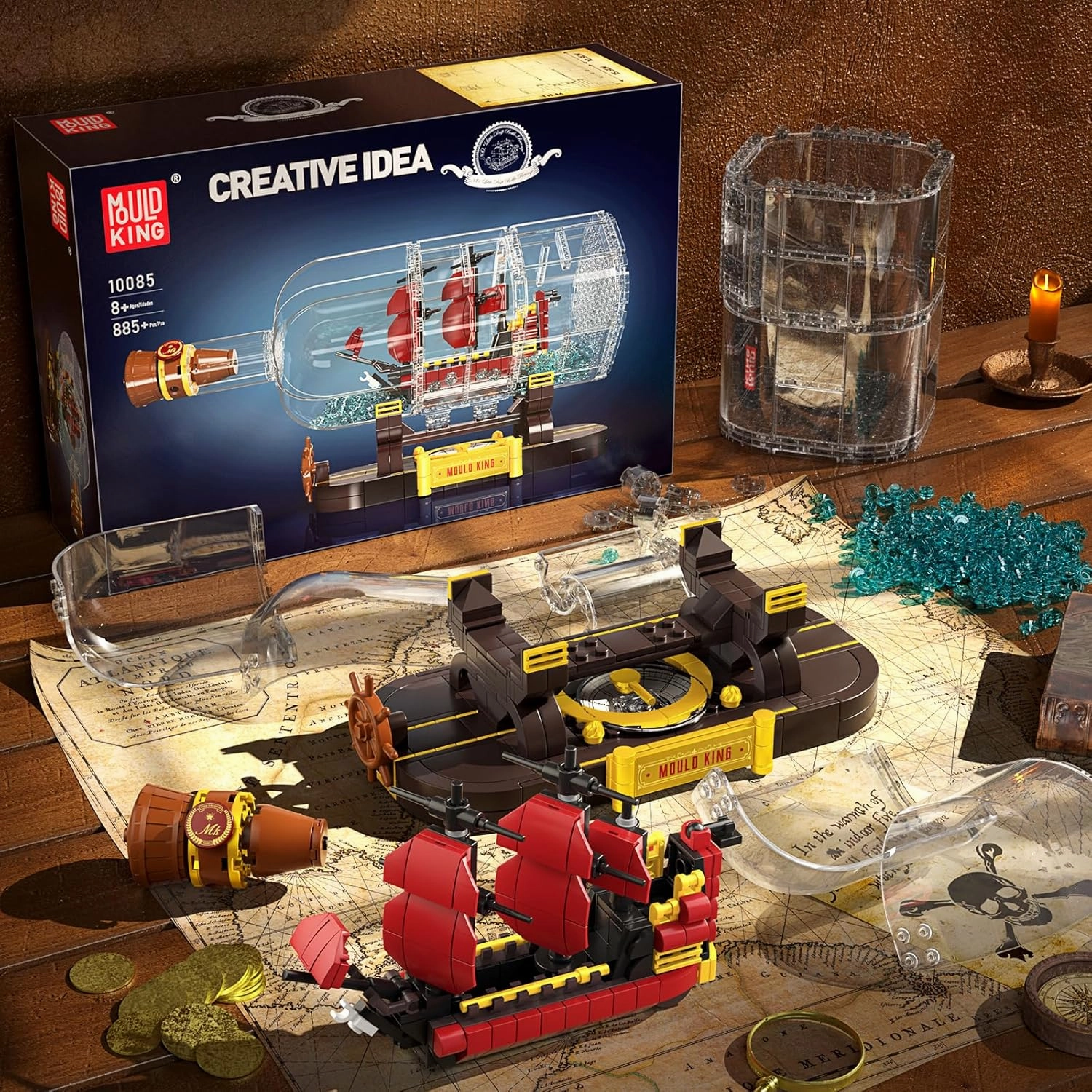 Mould King Ship in a Bottle Building Blocks Sets, 10085 Revenge Pirate Boat Model Kits Toys, Collectible Display Pirate Ship in a Bottle Kit, STEM Project for Adults and Kids Aged 8  (885 Pieces)