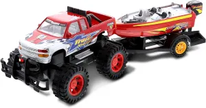 Mozlly Monster Truck Toys Set with Trailer Toy Boat - Friction Powered Hauling Truck and Trailer Toy, Big Toy Monster Truck with Boat, Adventure Truck Pulling Boat Toy Monster Trucks for Kids - 9 Inch