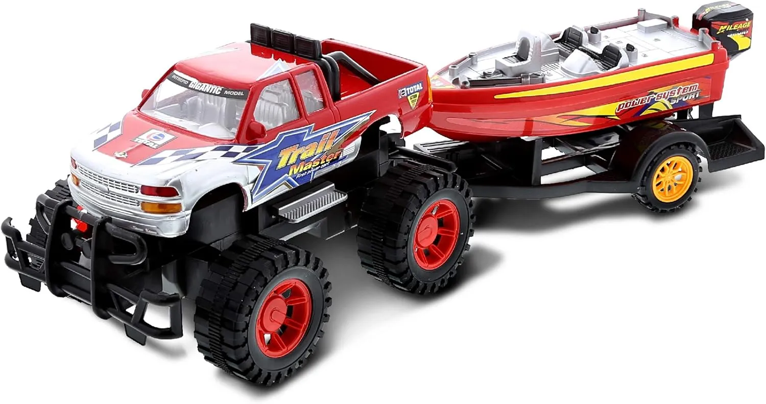 Mozlly Monster Truck Toys Set with Trailer Toy Boat - Friction Powered Hauling Truck and Trailer Toy, Big Toy Monster Truck with Boat, Adventure Truck Pulling Boat Toy Monster Trucks for Kids - 9 Inch