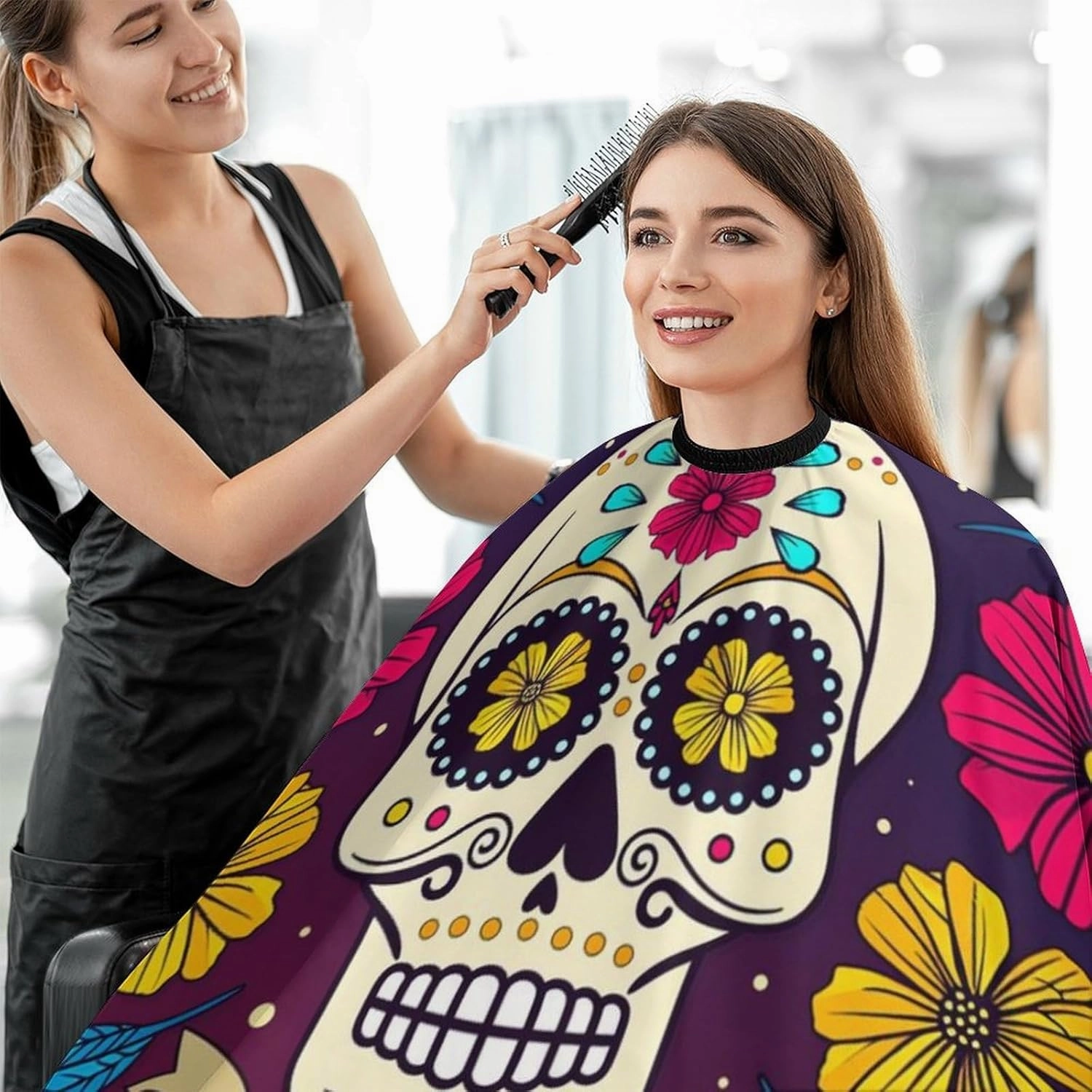 Multi Colorful Flowers Sugar Skull Art Salon Barber Cape Haircuting Salon Cape Gown - Lightweight Hairdresser Apron for Hair Dye, Barber Aceessories