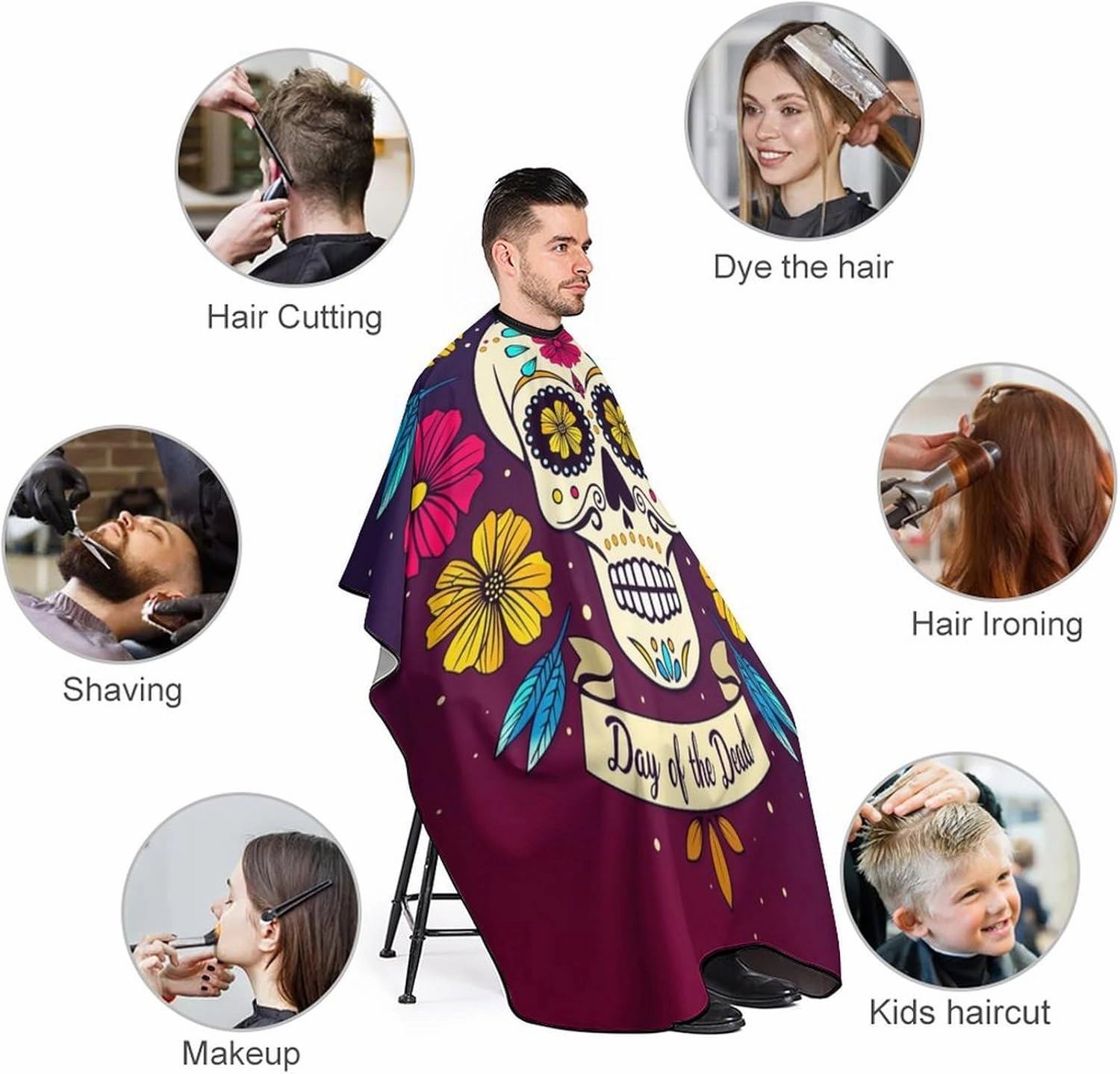Multi Colorful Flowers Sugar Skull Art Salon Barber Cape Haircuting Salon Cape Gown - Lightweight Hairdresser Apron for Hair Dye, Barber Aceessories