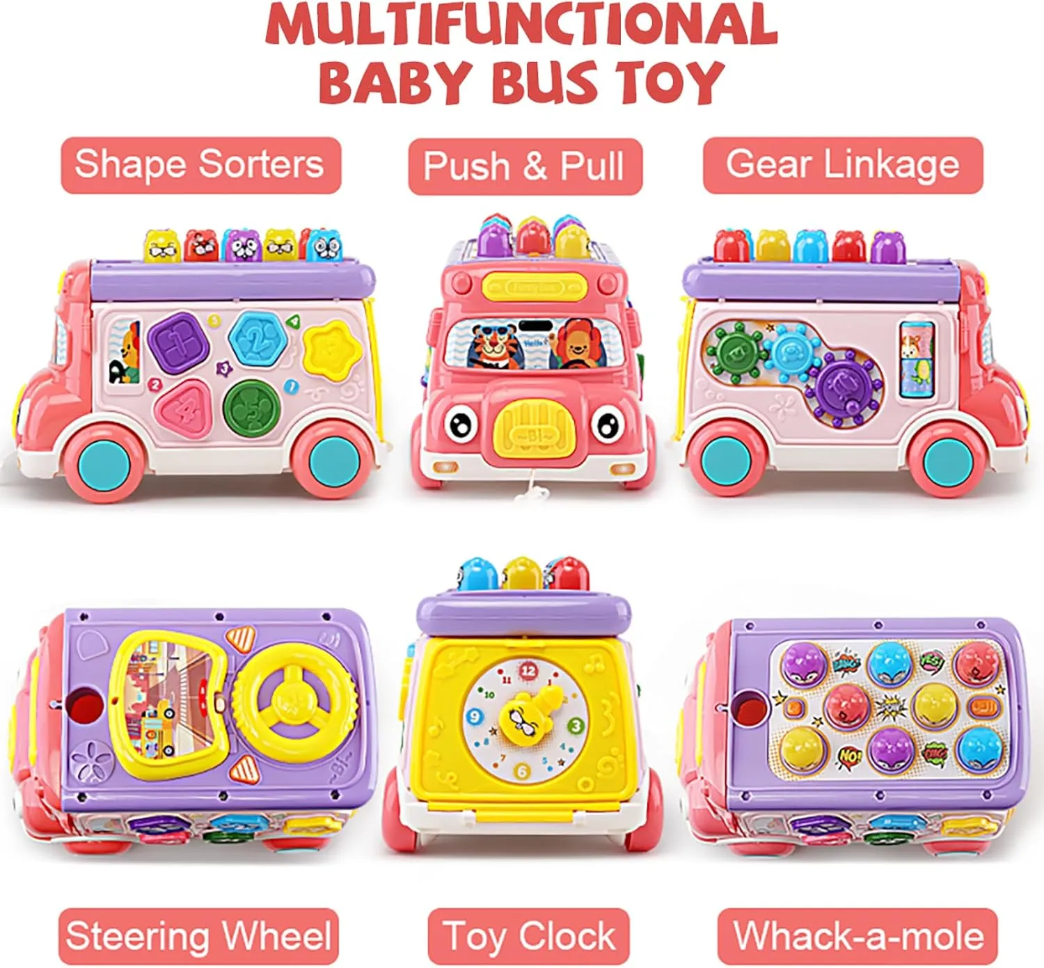 Music Activity Bus Baby Toy, Infant Education Learn Car, Sound & Light, Interactive Game, Shape Sorter, Animal Matching, Holiday Birthday Present for Toddler Kid Boy Girl 3 4 5 6 7 Years (Pink)
