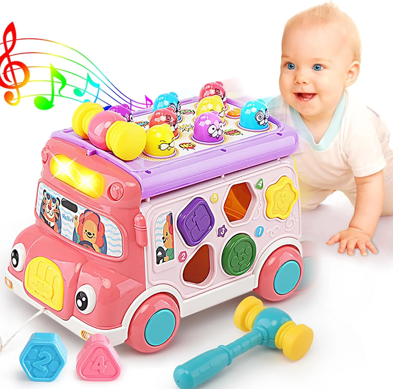 Music Activity Bus Baby Toy, Infant Education Learn Car, Sound & Light, Interactive Game, Shape Sorter, Animal Matching, Holiday Birthday Present for Toddler Kid Boy Girl 3 4 5 6 7 Years (Pink)