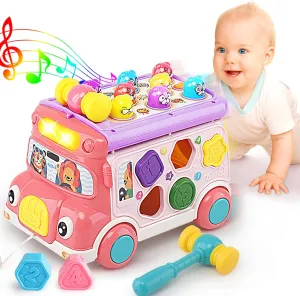 Music Activity Bus Baby Toy, Infant Education Learn Car, Sound & Light, Interactive Game, Shape Sorter, Animal Matching, Holiday Birthday Present for Toddler Kid Boy Girl 3 4 5 6 7 Years (Pink)