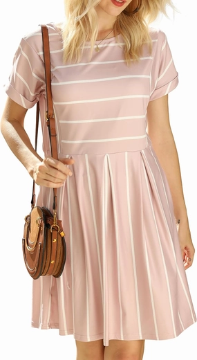 Naggoo Womens Summer Striped Short Sleeve T-Shirt Dresses Casual Swing Aline Dresses with Pocket