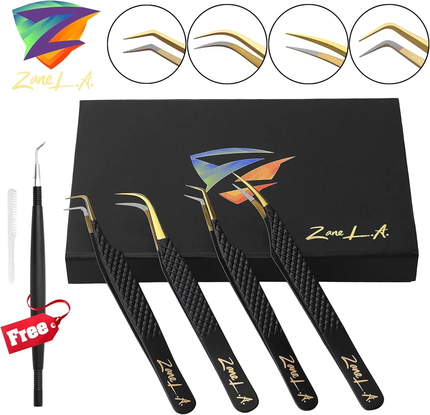 Nano Fiber Tip Professional Eyelash Extension Tweezers, a pack of 4, Quality tweezers made with Japanese Stainless Steel, FREE Eyelash Separator. (Black)