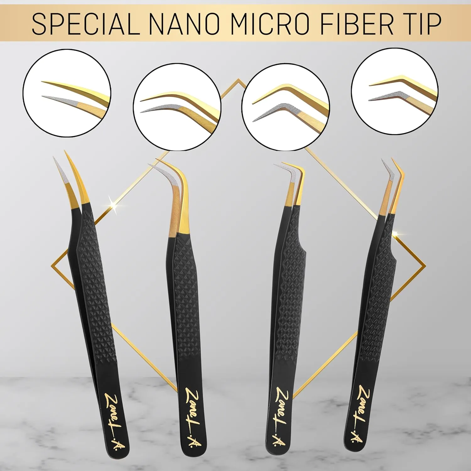 Nano Fiber Tip Professional Eyelash Extension Tweezers, a pack of 4, Quality tweezers made with Japanese Stainless Steel, FREE Eyelash Separator. (Black)