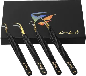 Nano Fiber Tip Professional Eyelash Extension Tweezers, a pack of 4, Quality tweezers made with Japanese Stainless Steel, FREE Eyelash Separator. (Black)
