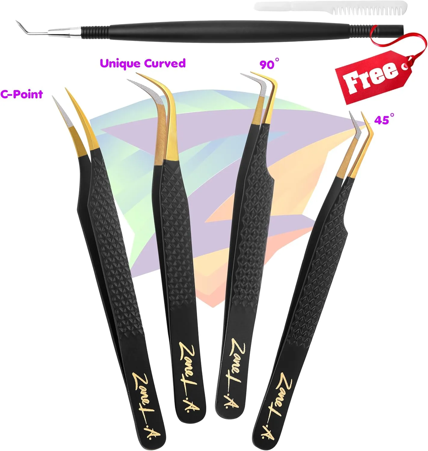Nano Fiber Tip Professional Eyelash Extension Tweezers, a pack of 4, Quality tweezers made with Japanese Stainless Steel, FREE Eyelash Separator. (Black)