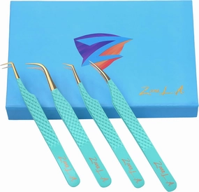 Nano Fiber Tip Professional Eyelash Extension Tweezers, a pack of 4, Quality tweezers made with Japanese Stainless Steel, FREE Eyelash Separator. (Dark Cyan)