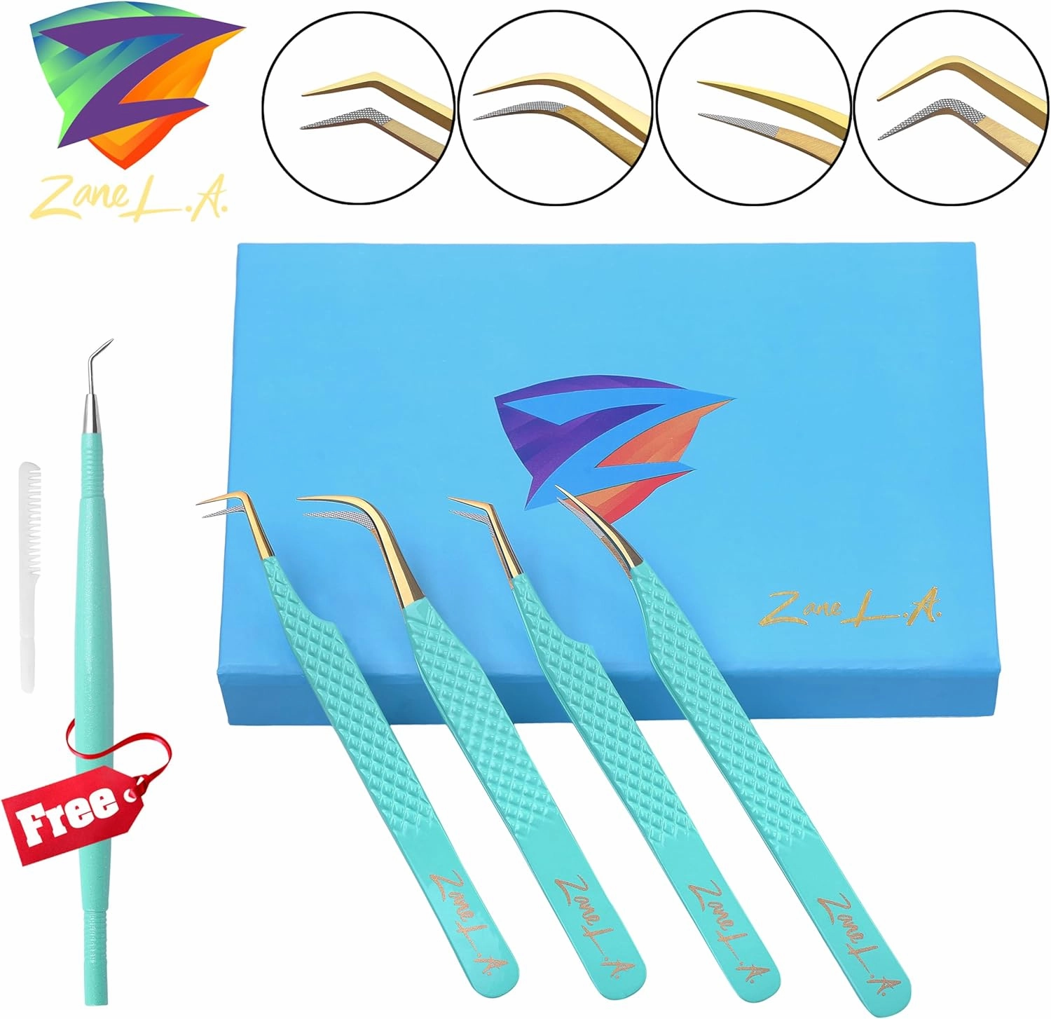 Nano Fiber Tip Professional Eyelash Extension Tweezers, a pack of 4, Quality tweezers made with Japanese Stainless Steel, FREE Eyelash Separator. (Dark Cyan)