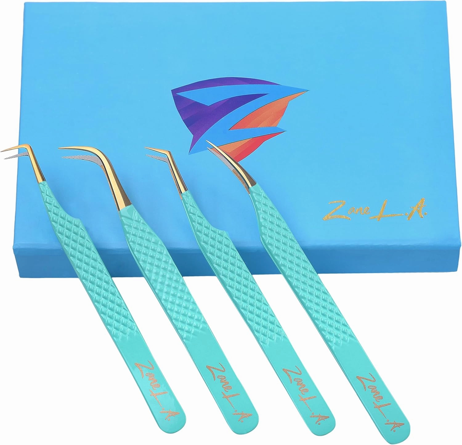 Nano Fiber Tip Professional Eyelash Extension Tweezers, a pack of 4, Quality tweezers made with Japanese Stainless Steel, FREE Eyelash Separator. (Dark Cyan)