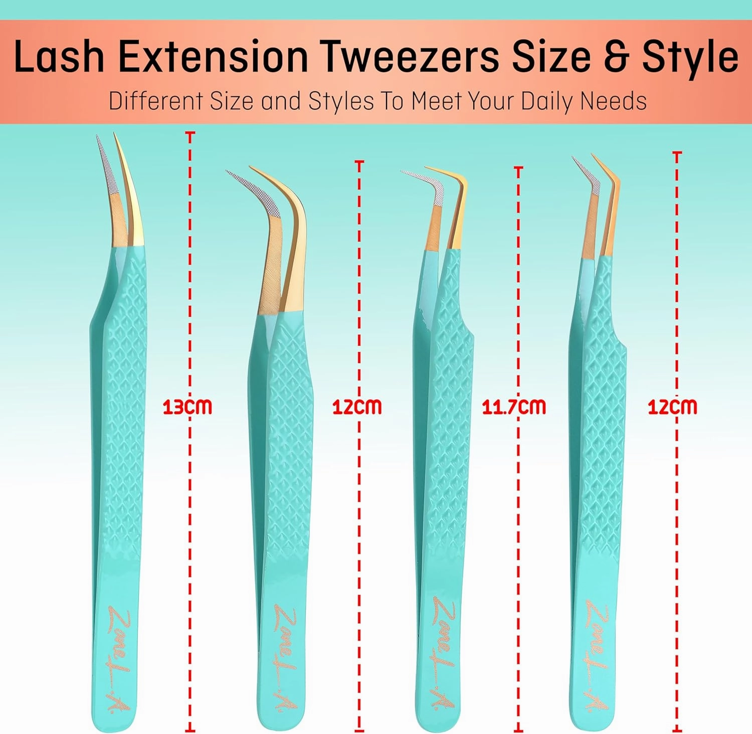 Nano Fiber Tip Professional Eyelash Extension Tweezers, a pack of 4, Quality tweezers made with Japanese Stainless Steel, FREE Eyelash Separator. (Dark Cyan)