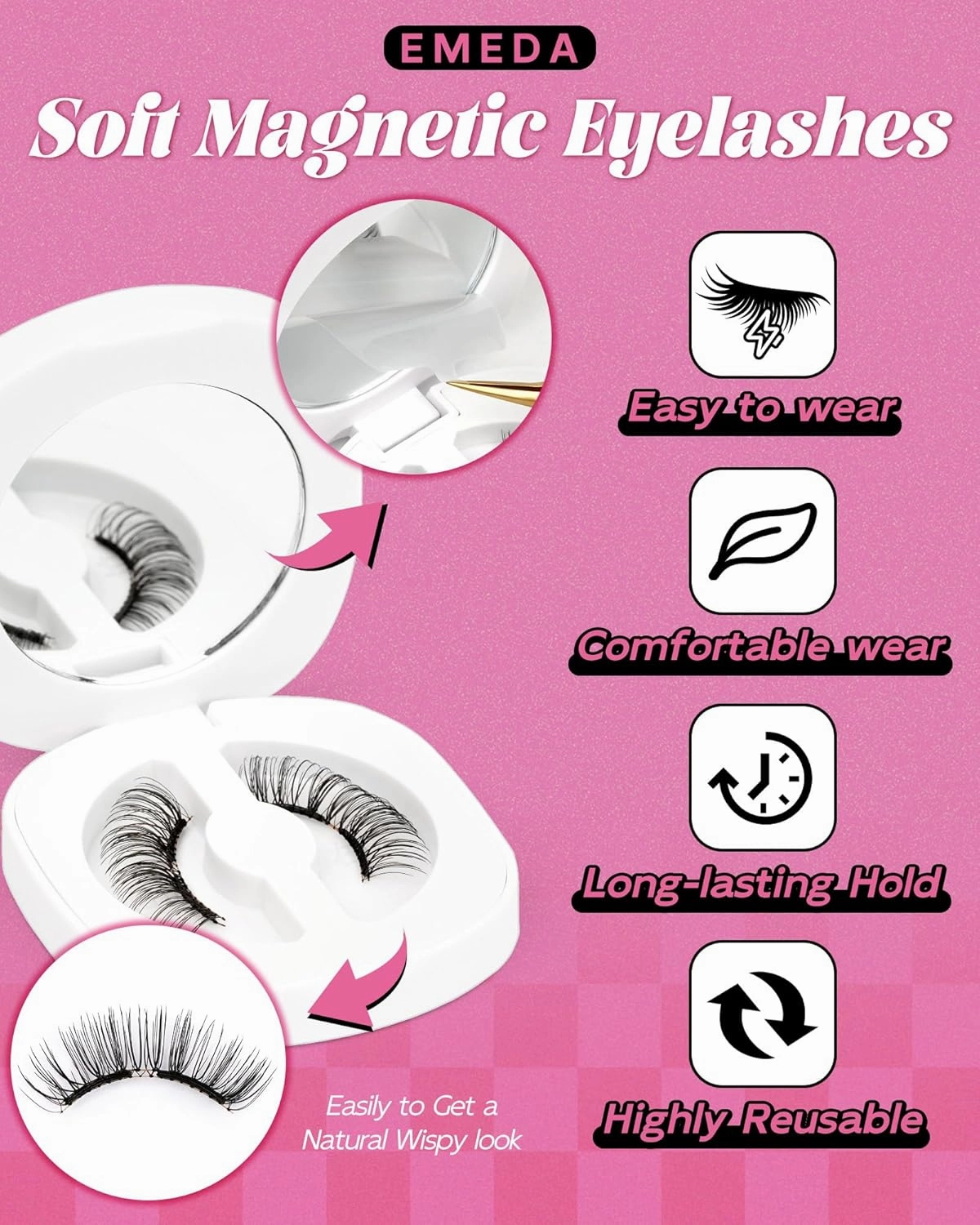 Natural Look Soft Magnetic Eyelashes - Upgrade Reusable Magnetic Eyelashes, Easy To Wear and Remove Soft Magnet Lashes with Applicator Lash Fixer, No Glue Needed by EMEDA(Natural)