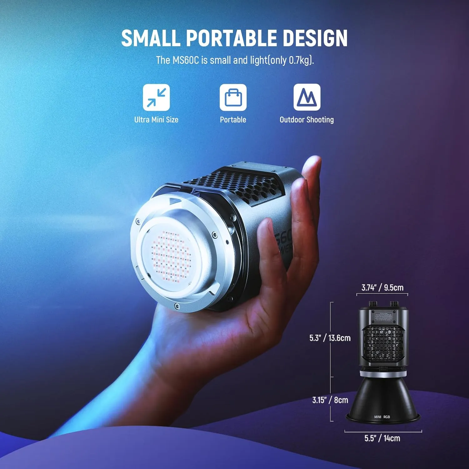 NEEWER MS60C RGBWW LED Video Light with 2.4G/APP Control, 65W Metal Mini RGB COB Continuous Output Lighting Bowens Mount Handheld Spotlight 2700K-6500K,8300lux/1m, CRI 97 /TLCI 98 ,17 Effects   RGBCW