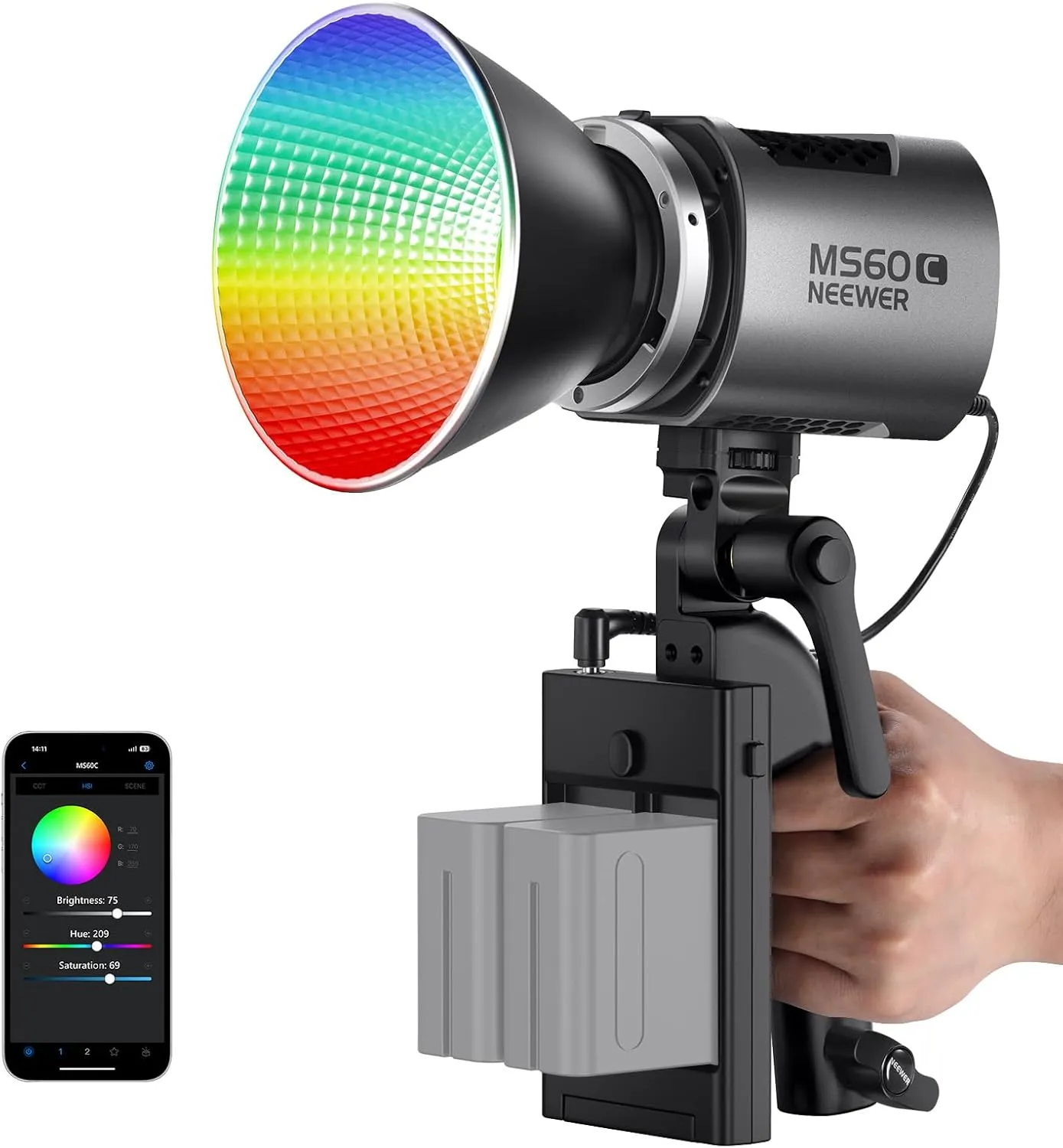 NEEWER MS60C RGBWW LED Video Light with 2.4G/APP Control, 65W Metal Mini RGB COB Continuous Output Lighting Bowens Mount Handheld Spotlight 2700K-6500K,8300lux/1m, CRI 97 /TLCI 98 ,17 Effects   RGBCW