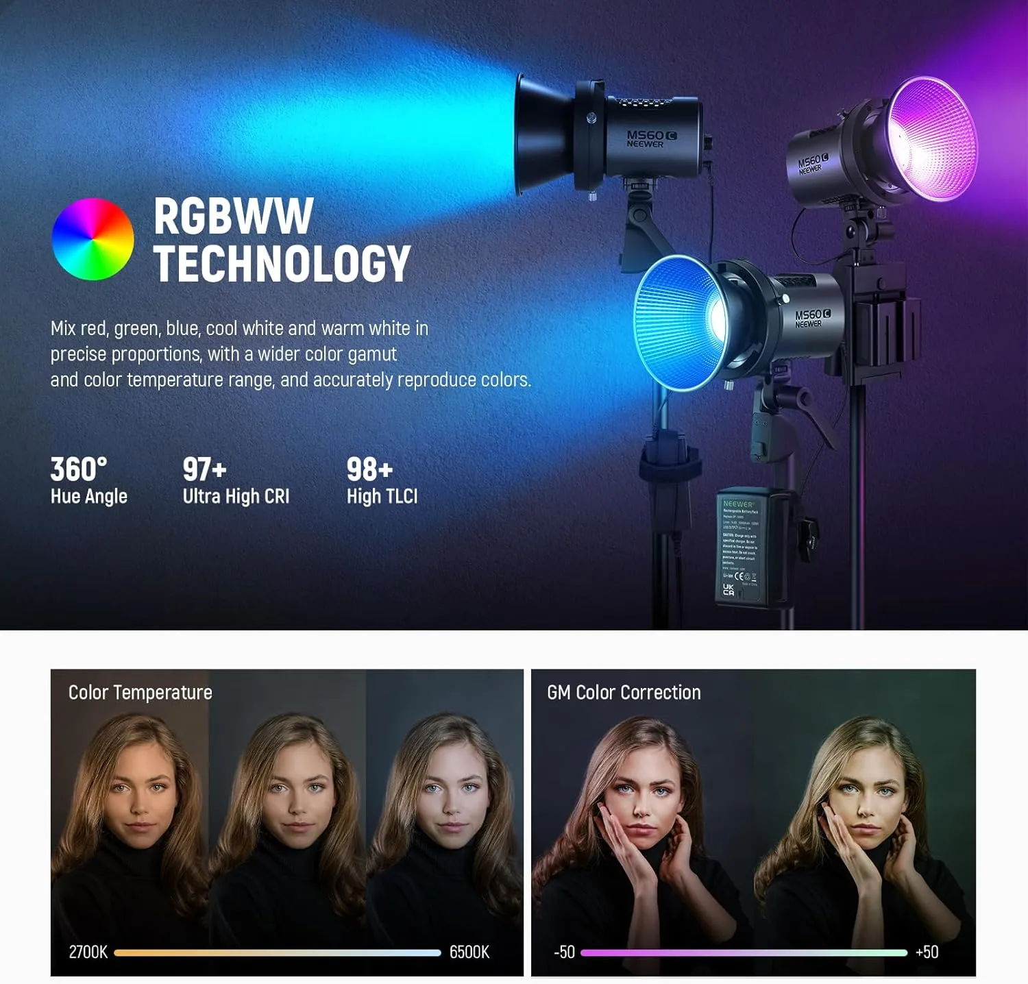 NEEWER MS60C RGBWW LED Video Light with 2.4G/APP Control, 65W Metal Mini RGB COB Continuous Output Lighting Bowens Mount Handheld Spotlight 2700K-6500K,8300lux/1m, CRI 97 /TLCI 98 ,17 Effects   RGBCW