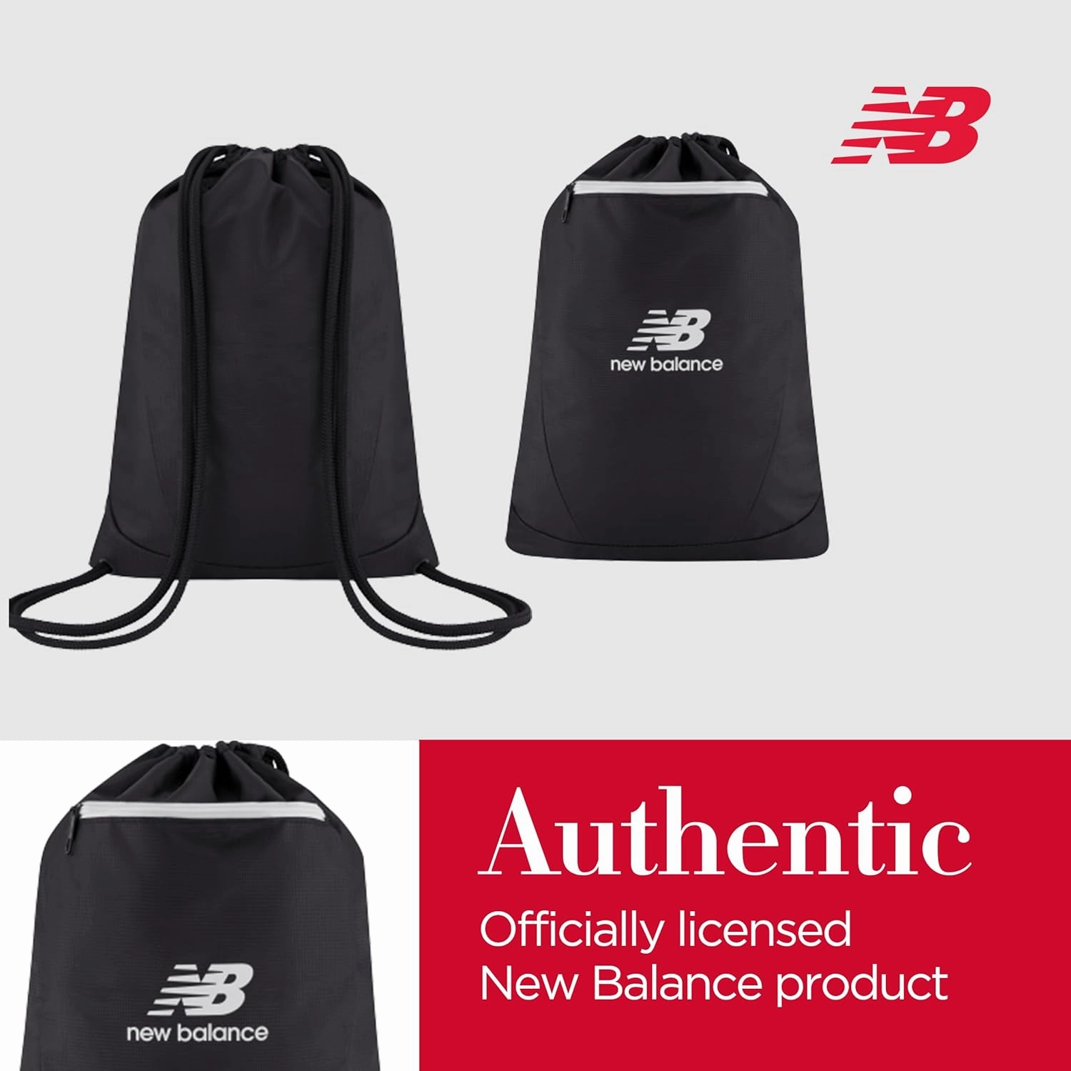 New Balance Drawstring Backpack, Small Gym Travel Bag with Front Zip Pocket, Sports Cinch Sack for Men and Women, Black, 17.5 Inch
