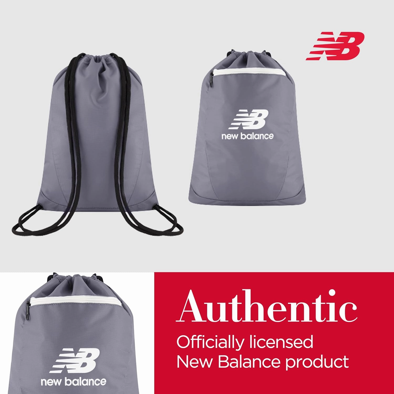 New Balance Drawstring Backpack, Small Gym Travel Bag with Front Zip Pocket, Sports Cinch Sack for Men and Women, Grey, 17.5 Inch