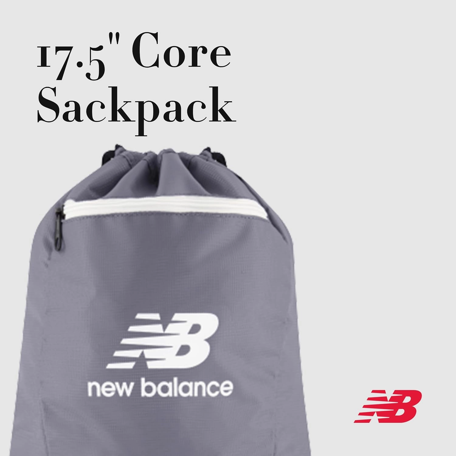 New Balance Drawstring Backpack, Small Gym Travel Bag with Front Zip Pocket, Sports Cinch Sack for Men and Women, Grey, 17.5 Inch