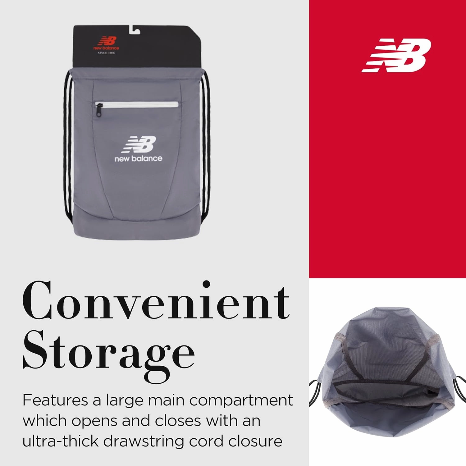 New Balance Drawstring Backpack, Small Gym Travel Bag with Front Zip Pocket, Sports Cinch Sack for Men and Women, Grey, 17.5 Inch