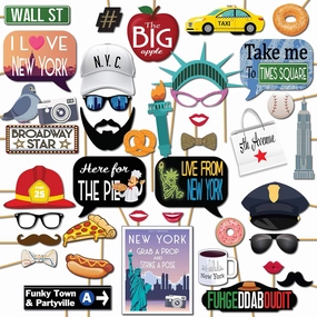 New York Photo Booth Props - 41-pc Photo Booth Kit with 8 x 10-Inch Sign, 60 Adhesive Pads, 45 Sticks - NYC Props - New York Theme Decorations - Cityscape Photo Props