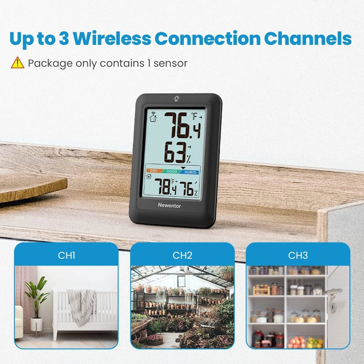 Newentor Indoor Outdoor Thermometer Wireless, Weather Stations Wireless Indoor Outdoor, Outdoor Thermometers for Patio House, Black with 1 Sensor