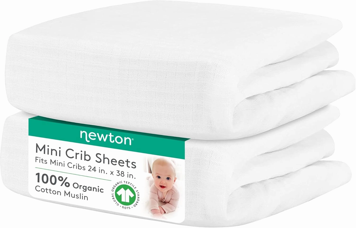 Newton Baby Organic Fitted Mini Crib Sheet (2-Pack) - 100% Breathable and Ultra-Soft, 100% Organic Muslin Cotton, Machine Washable, Fit Any Mini Sized Crib 24" x 38" and up to 8", White